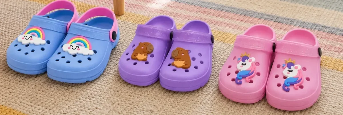 Três babuches Nuventto: azul com arco-íris, lilás com bichinho e rosa com unicórnio